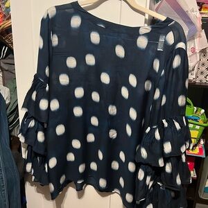 Chico’s size 3 top. Sheer Navy polka dots. 3-tiered 3/4 length sleeves.